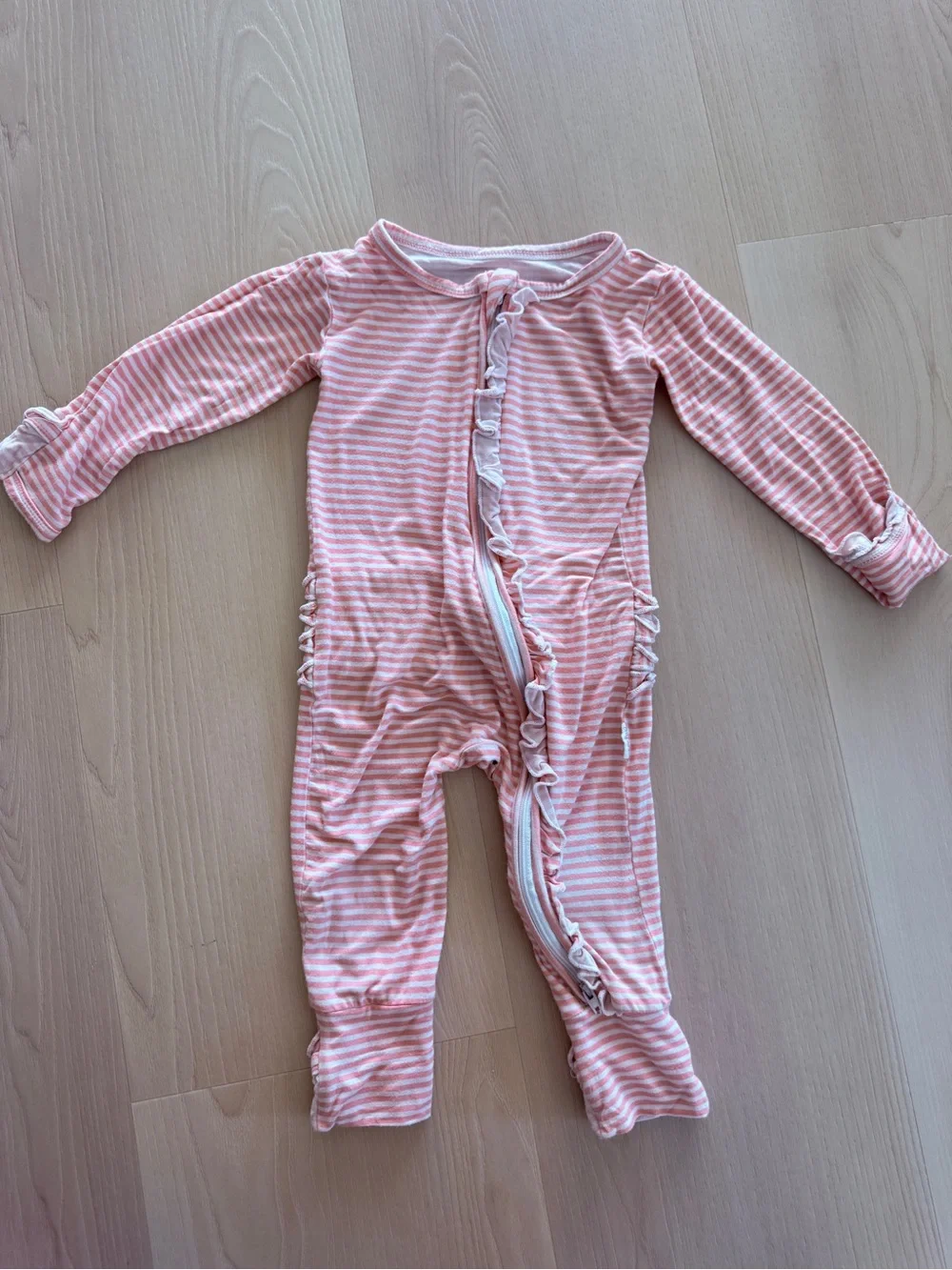 Gigi & Max Pink Stripe Ruffle Baby One-Piece Bamboo Pajamas